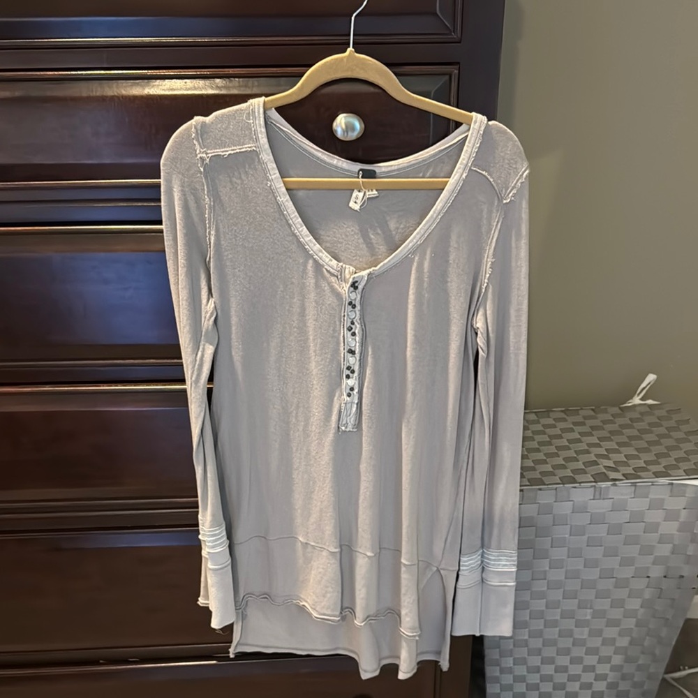 Free People Cream Long Sleeve Ribbed Blouse